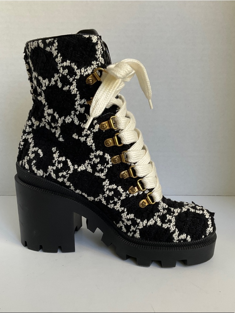 Gucci Black & White Lace-Up Chunky Lug Ankle Boot with Gold Hardware